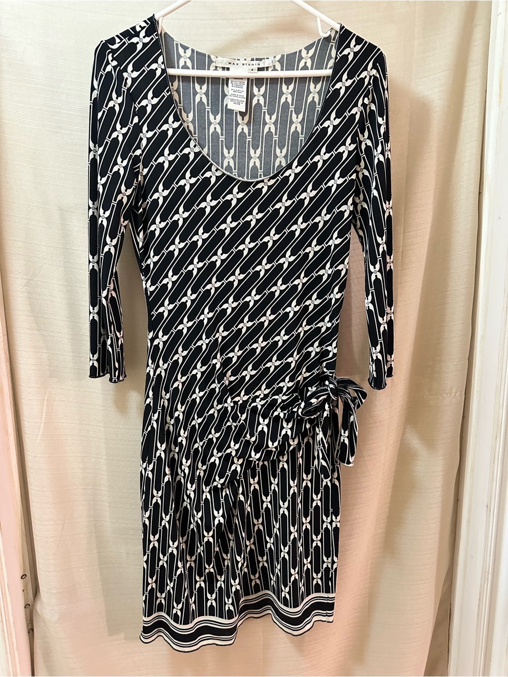 Max Studio Black White Faux Wrap Tie Waist Geometric Midi Dress Women’s Small